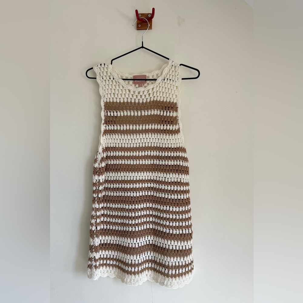 Show Me Your MuMu Cream & Brown Crochet Knit Tank Dress - Size XS